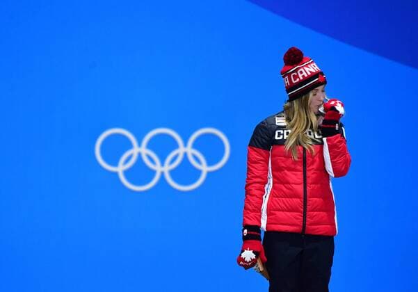 Silver medalist Canada s Justine Dufour-Lapointe celebrates during the medal ceremony for Ladies Moguls during the Pyeongchang 2018 Winter Olympics in Pyeongchang, South Korea, on February 12, 2018.  OLY20180212349 KEVINxDIETSCH