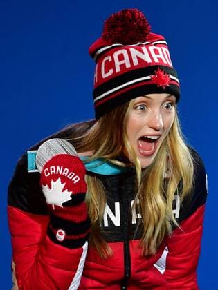 Silver medalist Canada s Justine Dufour-Lapointe celebrates during the medal ceremony for Ladies Moguls during the Pyeongchang 2018 Winter Olympics in Pyeongchang, South Korea, on February 12, 2018.  OLY20180212355 KEVINxDIETSCH