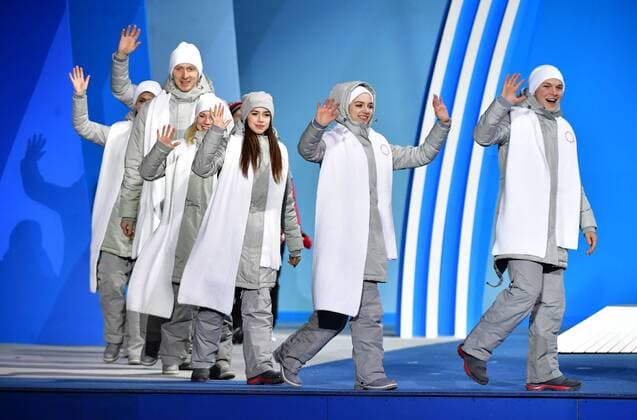 Members of the Olympic Athletes from Russia Figure skating Eiskunstlauf Ice Dance Team arrive to receive their bronze medals during their medal ceremony at the Pyeongchang 2018 Winter Olympics at the Pyeongchang Medals Plaza in Pyeongchang, South Korea, on February 12, 2018.  OLY20180212367 KEVINxDIETSCH