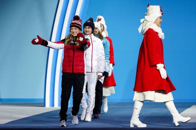 OLYMPICS - 2018 Winter Olympics PYEONGCHANG,SOUTH KOREA,12.FEB.18 - OLYMPICS, FREE SKI, FREESTYLE SKIING - Olympic Winter games Winterspiele Spiele Summer games PyeongChang 2018, Medals Plaza, Moguls, ladies, award ceremony. Image shows Justine Dufour-Lapointe (CAN), Perrine Laffont (FRA) and Yulia Galysheva (KAZ). GEPAxpictures xMaticxKlansek