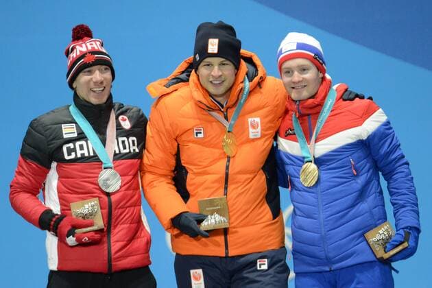 February 12, 2018 - Pyeongchang, South Korea - TED-JAN BLOEMEN of Canada , SVEN KRAMER of the Netherlands and SVERRE LUNDE PEDERSEN of Norway with their medalsl from the men s 5,000m Speed skating Eisschnelllauf event in the PyeongChang Olympic Games Olympische Spiele Olympia OS PyeongChang 18: Speed Skating Men - ZUMAl132 20180212_zap_l132_038 Copyright: xChristopherxLevyx