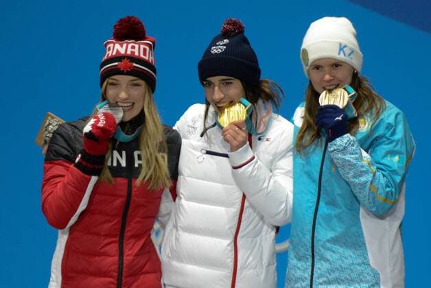 February 12, 2018 - Pyeongchang, South Korea - JUSTINE DUFOR-LAPOINTE of Canada , PERINE LAFFONT of France and YULIA GALYSHEVA of Kazakhstan with their medals from the Ladies s Moguls event in the PyeongChang Olympic Games Olympische Spiele Olympia OS PyeongChang 18: Freestyle Skiing Women - ZUMAl132 20180212_zap_l132_050 Copyright: xChristopherxLevyx