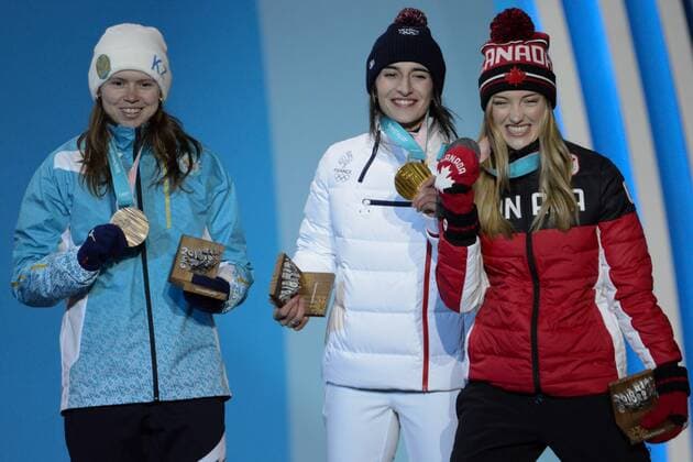 February 12, 2018 - Pyeongchang, South Korea - JUSTINE DUFOR-LAPOINTE of Canada , PERINE LAFFONT of France and YULIA GALYSHEVA of Kazakhstan with their medals from the Ladies s Moguls event in the PyeongChang Olympic Games Olympische Spiele Olympia OS PyeongChang 18: Freestyle Skiing Women - ZUMAl132 20180212_zap_l132_054 Copyright: xChristopherxLevyx