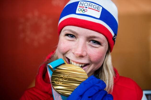 180213 Maren Lundby of Norway gold at the medal ceremony for the Women s Ski Jumping during day four of the 2018 Winter Olympics on February 13 2018 in Pyeongchang Photo Jon Olav Nesvold BILDBYRAN code JE 160160  Copyright: JONxOLAVxNESVOLD BB180213JE063