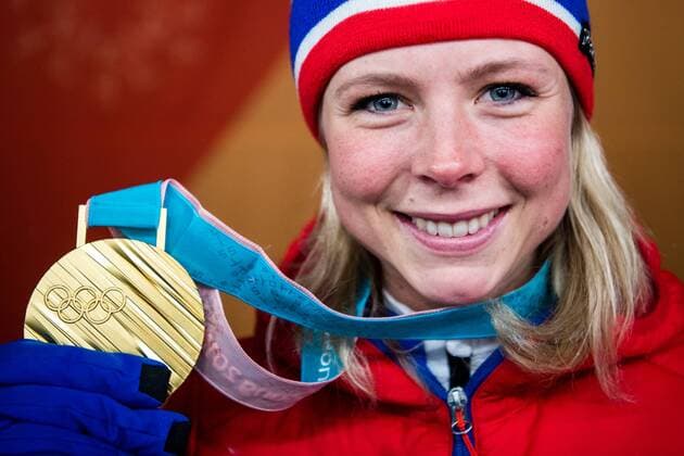 180213 Maren Lundby of Norway gold at the medal ceremony for the Women s Ski Jumping during day four of the 2018 Winter Olympics on February 13 2018 in Pyeongchang Photo Jon Olav Nesvold BILDBYRAN code JE 160160  Copyright: JONxOLAVxNESVOLD BB180213JE065