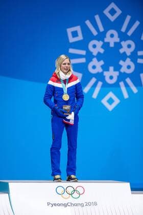 180213 Maren Lundby of Norway gold at the medal ceremony for the Women s Ski Jumping during day four of the 2018 Winter Olympics on February 13 2018 in Pyeongchang Photo Jon Olav Nesvold BILDBYRAN code JE 160160  Copyright: JONxOLAVxNESVOLD BB180213JE068
