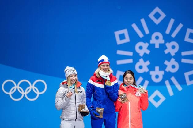 180213 Maren Lundby of Norway gold at the medal ceremony for the Women s Ski Jumping during day four of the 2018 Winter Olympics on February 13 2018 in Pyeongchang Photo Jon Olav Nesvold BILDBYRAN code JE 160160  Copyright: JONxOLAVxNESVOLD BB180213JE069