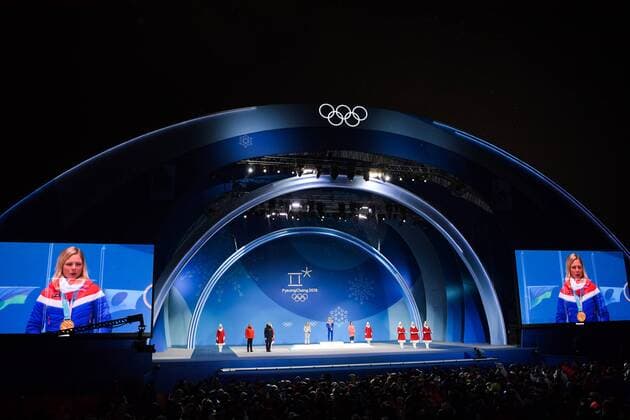 180213 Maren Lundby of Norway gold at the medal ceremony for the Women s Ski Jumping during day four of the 2018 Winter Olympics on February 13 2018 in Pyeongchang Photo Jon Olav Nesvold BILDBYR N code JE 160160  Copyright: JONxOLAVxNESVOLD BB180213JE071