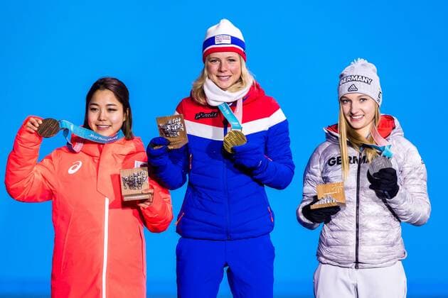 180213 Maren Lundby of Norway gold at the medal ceremony for the Women s Ski Jumping during day four of the 2018 Winter Olympics on February 13 2018 in Pyeongchang Photo Jon Olav Nesvold BILDBYR N code JE 160160  Copyright: JONxOLAVxNESVOLD BB180213JE072