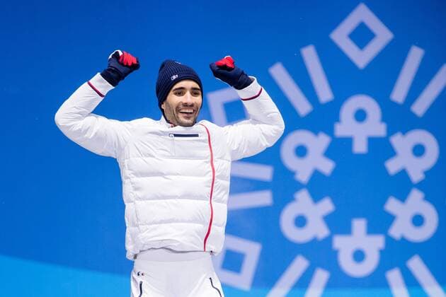 180213 Martin Fourcade of France Gold at the medal ceremony for the Men s Biathlon 12 5 km Pursuit during day four of the 2018 Winter Olympics on February 13 2018 in Pyeongchang Photo Jon Olav Nesvold BILDBYRAN code JE 160160  Copyright: JONxOLAVxNESVOLD BB180213JE084