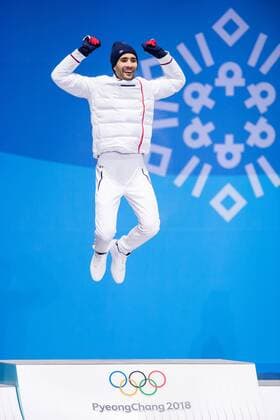 180213 Martin Fourcade of France Gold at the medal ceremony for the Men s Biathlon 12 5 km Pursuit during day four of the 2018 Winter Olympics on February 13 2018 in Pyeongchang Photo Jon Olav Nesvold BILDBYRAN code JE 160160  Copyright: JONxOLAVxNESVOLD BB180213JE085