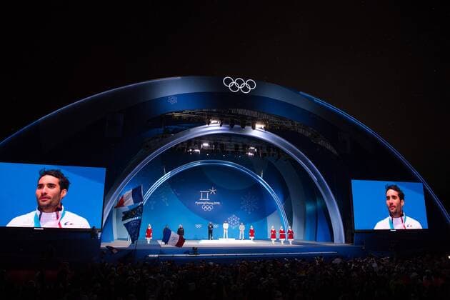 180213 Martin Fourcade of France Gold at the medal ceremony for the Men s Biathlon 12 5 km Pursuit during day four of the 2018 Winter Olympics on February 13 2018 in Pyeongchang Photo Jon Olav Nesvold BILDBYRAN code JE 160160  Copyright: JONxOLAVxNESVOLD BB180213JE088
