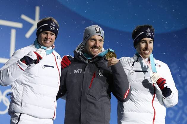 OLYMPICS - 2018 Winter Olympics PYEONGCHANG,SOUTH KOREA.13.FEB.18 - OLYMPICS,ALPINE SKIING - Olympic Winter games Winterspiele Spiele Summer games PyeongChang 2018, alpine combined, men, award ceremony. Image shows Alexis Pinturault (FRA), Marcel Hirscher (AUT) and Victor Muffat-Jeandet (FRA). Keywords: medal. GEPAxpictures xMaticxKlansek