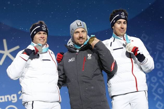 OLYMPICS - 2018 Winter Olympics PYEONGCHANG,SOUTH KOREA.13.FEB.18 - OLYMPICS,ALPINE SKIING - Olympic Winter games Winterspiele Spiele Summer games PyeongChang 2018, alpine combined, men, award ceremony. Image shows Alexis Pinturault (FRA), Marcel Hirscher (AUT) and Victor Muffat-Jeandet (FRA). Keywords: medal.. GEPAxpictures xMaticxKlansek