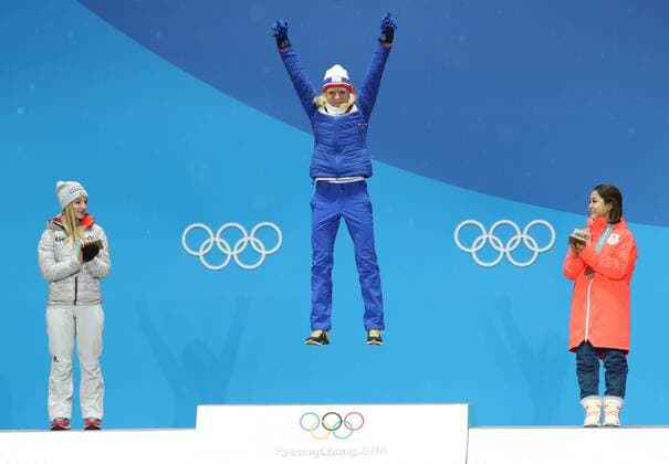 (180213) -- PYEONGCHANG, Feb. 13, 2018 -- Champion Maren Lundby (C) from Norway, second-placed Katharina Althaus (L) from Germany and third-placed Sara Takanashi from Japan celebrate during the medal ceremony of ladies normal hill individual event of Ski jumping Skispringen Ski nordisch at 2018 PyeongChang Winter Olympic Games Olympische Spiele Olympia OS at the Medal Plaza in PyeongChang, South Korea, on Feb. 13, 2018. ) (SP)OLY-SOUTH KOREA-PYEONGCHANG-SKI JUMPING-LADIES NORMAL HILL INDIVIDUAL-MEDAL CEREMONY BaixXuefei 