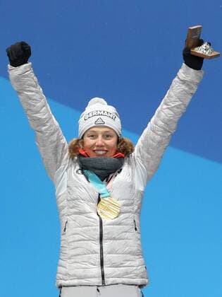(180213) -- PYEONGCHANG, Feb. 13, 2018 -- Champion Laura Dahlmeier from Germany poses for photos during the medal ceremony of women s 10km pursuit event of biathlon at the 2018 PyeongChang Winter Olympic Games Olympische Spiele Olympia OS at the Medal Plaza in PyeongChang, South Korea, on Feb. 13, 2018. ) (SP)OLY-SOUTH KOREA-PYEONGCHANG-BIATHLON-WOMEN S 10KM PERSUIT-MEDAL CEREMONY BaixXuefei 
