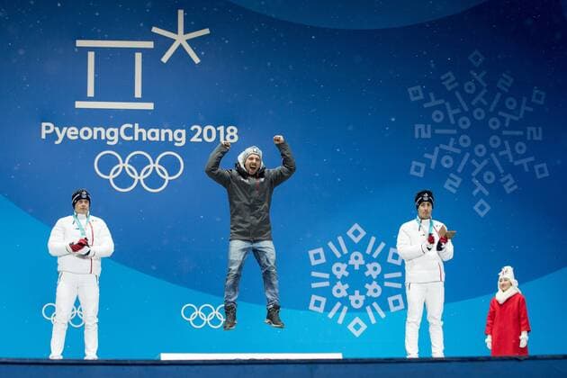 OLYMPICS - 2018 Winter Olympics PYEONGCHANG,SOUTH KOREA.13.FEB.18 - OLYMPICS,ALPINE SKIING - Olympic Winter games Winterspiele Spiele Summer games PyeongChang 2018, Medals Plaza, Alpine Combined, Men, award ceremony. Image shows Alexis Pinturault (FRA), the rejoicing of Marcel Hirscher (AUT) and Victor Muffat-Jeandet (FRA). GEPAxpictures xMaticxKlansek