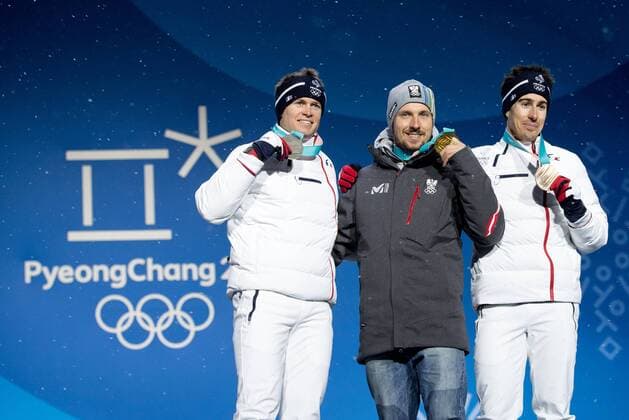 OLYMPICS - 2018 Winter Olympics PYEONGCHANG,SOUTH KOREA.13.FEB.18 - OLYMPICS,ALPINE SKIING - Olympic Winter games Winterspiele Spiele Summer games PyeongChang 2018, Medals Plaza, Alpine Combined, Men, award ceremony. Image shows Alexis Pinturault (FRA), Marcel Hirscher (AUT) and Victor Muffat-Jeandet (FRA). GEPAxpictures xMaticxKlansek