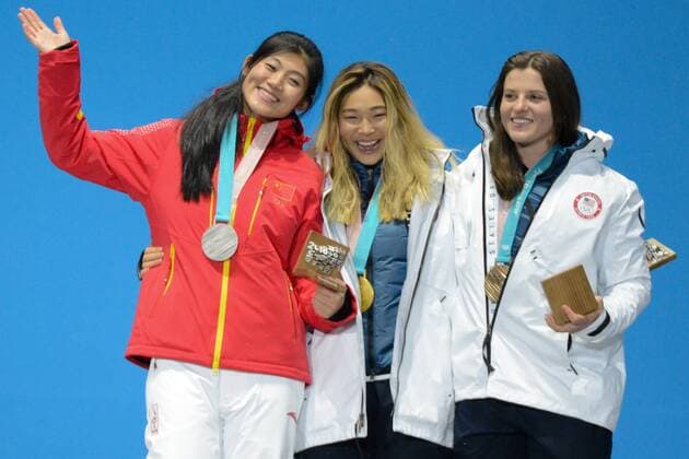 February 13, 2018 - Pyeongchang, South Korea - LIU JIAYU of China , CHLOE KIM of the United States and ARIELLE GOLD of the United States with their medals from the Ladies Halfpipe snowboard event in the PyeongChang Olympic Games Olympische Spiele Olympia OS PyeongChang 18: Snowboard Women - ZUMAl132 20180213_zap_l132_002 Copyright: xChristopherxLevyx
