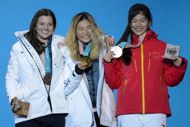 February 13, 2018 - Pyeongchang, South Korea - LIU JIAYU of China , CHLOE KIM of the United States and ARIELLE GOLD of the United States with their medals from the Ladies Halfpipe snowboard event in the PyeongChang Olympic Games Olympische Spiele Olympia OS PyeongChang 18: Snowboard Women - ZUMAl132 20180213_zap_l132_004 Copyright: xChristopherxLevyx
