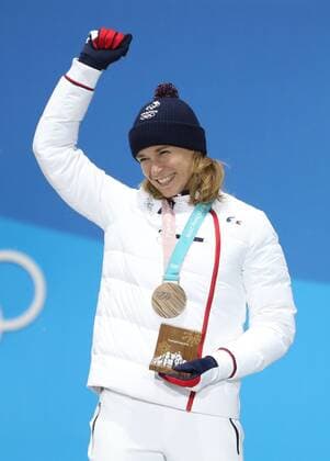 (180213) -- PYEONGCHANG, Feb. 13, 2018 -- Third-placed Anais Bescond from France celebrates during the medal ceremony of women s 10km pursuit event of biathlon at the 2018 PyeongChang Winter Olympic Games Olympische Spiele Olympia OS at the Medal Plaza in PyeongChang, South Korea, on Feb. 13, 2018. ) (SP)OLY-SOUTH KOREA-PYEONGCHANG-BIATHLON-WOMEN S 10KM PERSUIT-MEDAL CEREMONY BaixXuefei 