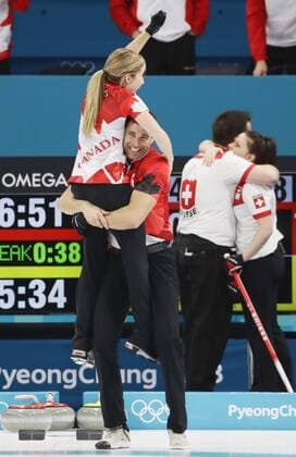 Pyeongchang Olympics Canada s Kaitlyn Lawes (L) and John Morris (2nd from L) celebrate after defeating Switzerland s Jenny Perret and Martin Rios in the curling mixed doubles final of the Pyeongchang Winter Olympics in Gangneung, South Korea, on Feb. 13, 2018. 