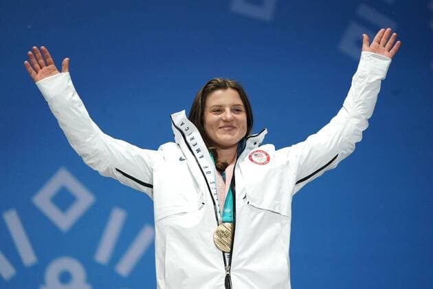 Bronze medalist Arielle Gold celebrates during the medal ceremony for Ladies Snowboard Halfpipe at the medal s plaza during the Pyeongchang 2018 Winter Olympics in Pyeongchang, South Korea, on February 13, 2018.  OLY20180213398 KEVINxDIETSCH
