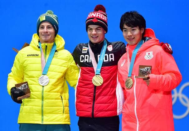 Silver medalist Australia s Matt Graham (L), gold medalist Canada s Mikael Kingsburh and bronze medalist Japan s Daichi Hara pose together during the medal ceremony for Men s Moguls at the medal s plaza during the Pyeongchang 2018 Winter Olympics in Pyeongchang, South Korea, on February 13, 2018.  OLY20180213356 KEVINxDIETSCH
