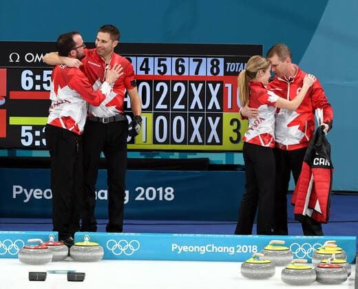 (180213) -- PYEONGCHANG, Feb. 13, 2018 -- Kaitlyn Lawes (2nd R) and John Morris (2nd L) of Canada welcome congratulation after finishing the mixed doubles gold medal game of curling between Canada and Switzerland at the Pyeongchang 2018 Winter Olympic Games Olympische Spiele Olympia OS at Gangneung Curling Centre?Gangneung, South Korea, Feb. 13, 2018. Canada won 10:3. ) (SP)OLY-SOUTH KOREA-PYEONGCHANG-CURLING-MIXED DOULBES-GOLD MEDAL GAME MaxPing 