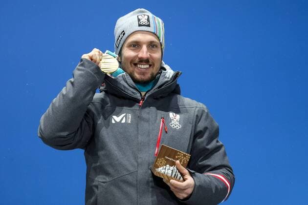 OLYMPICS - 2018 Winter Olympics PYEONGCHANG,SOUTH KOREA.13.FEB.18 - OLYMPICS,ALPINE SKIING - Olympic Winter games Winterspiele Spiele Summer games PyeongChang 2018, Medals Plaza, Alpine Combined, Men, award ceremony. Image shows Marcel Hirscher (AUT). Keywords: medal. GEPAxpictures xMaticxKlansek