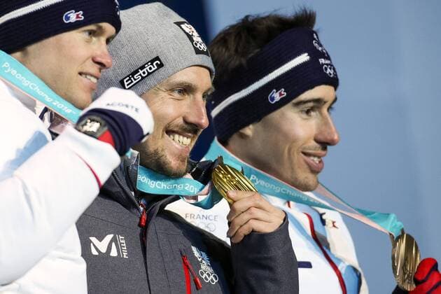 OLYMPICS - 2018 Winter Olympics PYEONGCHANG,SOUTH KOREA.13.FEB.18 - OLYMPICS,ALPINE SKIING - Olympic Winter games Winterspiele Spiele Summer games PyeongChang 2018, Medals Plaza, Alpine Combined, Men, award ceremony. Image shows Alexis Pinturault (FRA), Marcel Hirscher (AUT) and Victor Muffat-Jeandet (FRA). Keywords: medals. GEPAxpictures xMaticxKlansek