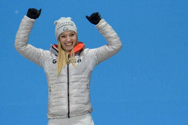 February 13, 2018 - Pyeongchang, South Korea - KATHARINA ALTHAUS of Germany celebrates getting the silver medal in the Ladies Normal Hill Ski jumping Skispringen Ski nordisch event in the PyeongChang Olympic Games Olympische Spiele Olympia OS PyeongChang 18: Ski Jumping Women - ZUMAl132 20180213_zap_l132_046 Copyright: xChristopherxLevyx