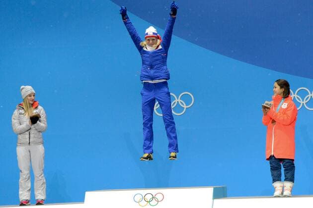 February 13, 2018 - Pyeongchang, South Korea - MAREN LUNDBY of Norway celebrates getting the gold medal in the Ladies Normal Hill Ski jumping Skispringen Ski nordisch event in the PyeongChang Olympic Games Olympische Spiele Olympia OS PyeongChang 18: Ski Jumping Women - ZUMAl132 20180213_zap_l132_049 Copyright: xChristopherxLevyx