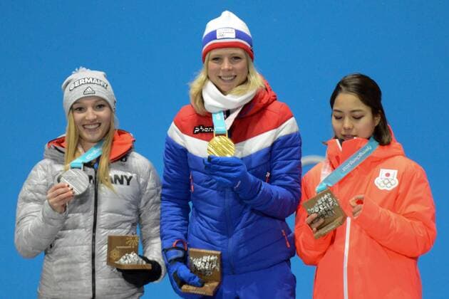 February 13, 2018 - Pyeongchang, South Korea - SARA TAKANASHI of Japan, MAREN LUNDBY of Norway and KATHARINA ALTHAUS of Germany with their medals for the Ladies Normal Hill Ski jumping Skispringen Ski nordisch event in the PyeongChang Olympic Games Olympische Spiele Olympia OS PyeongChang 18: Ski Jumping Women - ZUMAl132 20180213_zap_l132_051 Copyright: xChristopherxLevyx