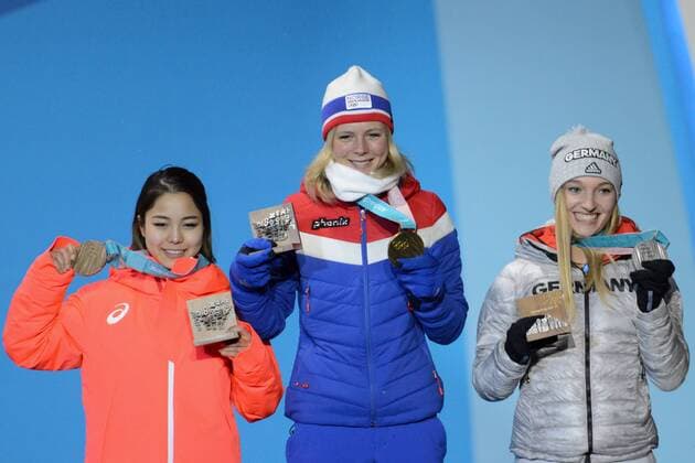 February 13, 2018 - Pyeongchang, South Korea - SARA TAKANASHI of Japan, MAREN LUNDBY of Norway and KATHARINA ALTHAUS of Germany with their medals for the Ladies Normal Hill Ski jumping Skispringen Ski nordisch event in the PyeongChang Olympic Games Olympische Spiele Olympia OS PyeongChang 18: Ski Jumping Women - ZUMAl132 20180213_zap_l132_053 Copyright: xChristopherxLevyx