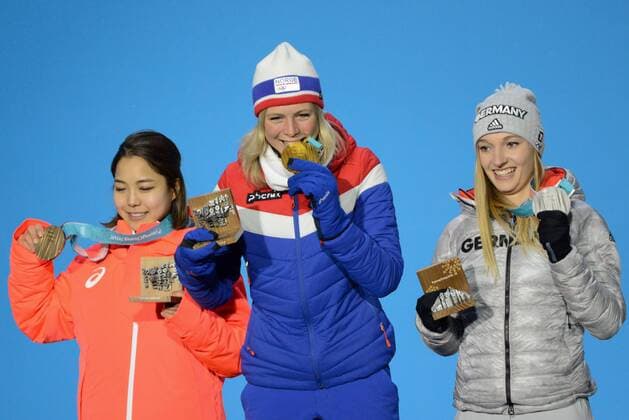 February 13, 2018 - Pyeongchang, South Korea - SARA TAKANASHI of Japan, MAREN LUNDBY of Norway and KATHARINA ALTHAUS of Germany with their medals for the Ladies Normal Hill Ski jumping Skispringen Ski nordisch event in the PyeongChang Olympic Games Olympische Spiele Olympia OS PyeongChang 18: Ski Jumping Women - ZUMAl132 20180213_zap_l132_058 Copyright: xChristopherxLevyx