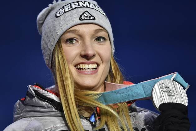 Katharina ALTHAUS GER silver medal medal 2 square silver silver medal silver medal winner joy joy cheers emotion enthusiasm cheer cheers ski jumping ski jumping women Skijumping women victory ceremony PyeongChang Olympic medals Plaza ceremony 13 02 2018 Winter Olympics 2018 from 09 02 25 02 2018 in PyeongChang Korea Â