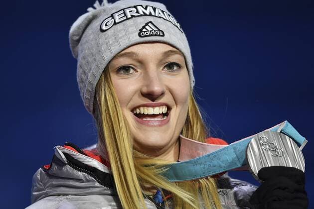 Katharina ALTHAUS GER silver medal medal 2 square silver silver medal silver medal winner joy joy cheers emotion enthusiasm cheer cheers ski jumping ski jumping women Skijumping women victory ceremony PyeongChang Olympic medals Plaza ceremony 13 02 2018 Winter Olympics 2018 from 09 02 25 02 2018 in PyeongChang Korea Â
