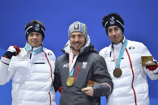 left-Alexis PINTURAULT FRA 2 square silver silver medal silver medal winner MARCEL HIRSCHER AUT 1 place gold medalist gold gold medal Olympic champion Victor MUFFAT JEANDET FRA 3 square bronze bronze medal bronze medal winner cheers cheers joy Enthusiasm emotion cheer cheers men s Alpine combined skiing Alpine combined victory ceremony PyeongChang Olympic medals Plaza ceremony on 13 02 2018 Winter Olympics 2018 from 09 02 25 02 2018 in PyeongChang Korea Â