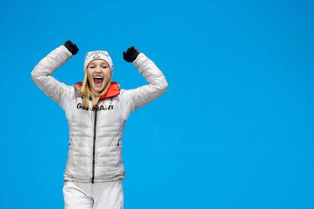 OLYMPICS - 2018 Winter Olympics PYEONGCHANG,SOUTH KOREA.13.FEB.18 - OLYMPICS Ski jumping Skispringen Ski nordisch - Olympic Winter games Winterspiele Spiele Summer games PyeongChang 2018, Medals Plaza, Normal Hill Individual, ladies, award ceremony. Image shows the rejoicing of Katharina Althaus (GER). GEPAxpictures xMaticxKlansek