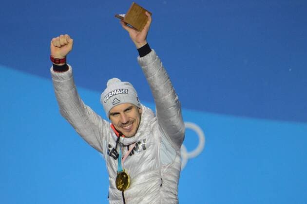 February 13, 2018 - Pyeongchang, South Korea - ARND PEIFFER of Germany with his gold medal for the Men s 10km Sprint biathlon event in the PyeongChang Olympic Games Olympische Spiele Olympia OS PyeongChang 18: Biathlon Men - ZUMAl132 20180213_zap_l132_074 Copyright: xChristopherxLevyx