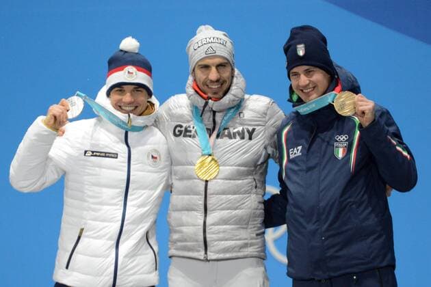 February 13, 2018 - Pyeongchang, South Korea - MICHAL KREMAR of the Czech Republic, ARND PEIFFER of Germany and DOMINIK WINDISCH of Italy with their medals from the Men s 10km Sprint biathlon event in the PyeongChang Olympic Games Olympische Spiele Olympia OS PyeongChang 18: Biathlon Men - ZUMAl132 20180213_zap_l132_075 Copyright: xChristopherxLevyx