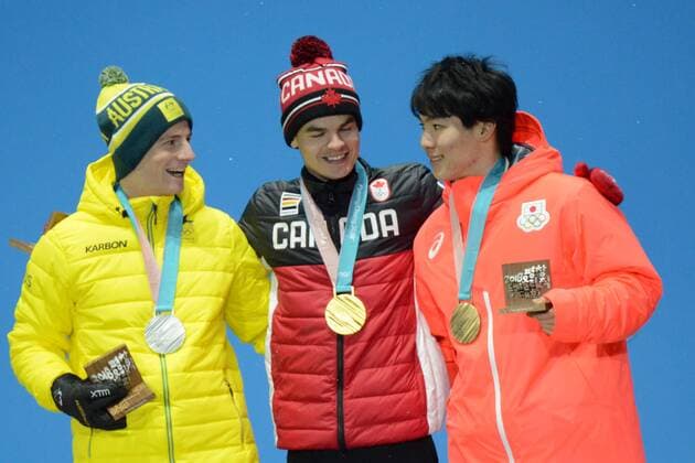 February 13, 2018 - Pyeongchang, South Korea - MATT GRAHAM of Australia , MIKAEL KINGSBURY of Canada and DAICHI HARA of Japan with their medals from the Men s Moguls freestyle skiing event in the PyeongChang Olympic Games Olympische Spiele Olympia OS PyeongChang 18: Freestyle Skiing Men - ZUMAl132 20180213_zap_l132_110 Copyright: xChristopherxLevyx