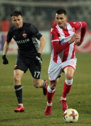 11.02.2018 Belgrade(Serbia) FK Crvena Zvezda(FC Red Star)-FC CSKA Moscow Europa League 1 16 final men s football Nemanja Radonjic(r)FK Crvena Zvezda,Aleksandr Golovin(L) FC CSKA Moscow : 