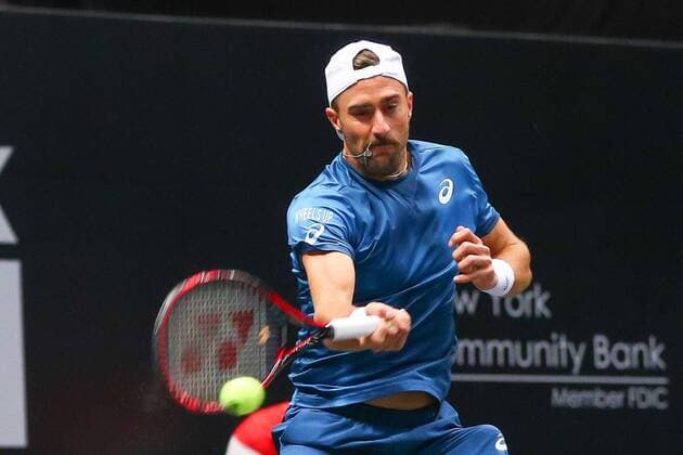 UNIONDALE, NY - FEBRUARY 13: Steve Johnson of the United States returns during the New York Open on February 13, 2018, at NYCB Live in Uniondale, NY. (Photo by Rich Graessle Icon Sportswire) TENNIS: FEB 13 New York Open Icon0213181468 EDITORIAL USE ONLY