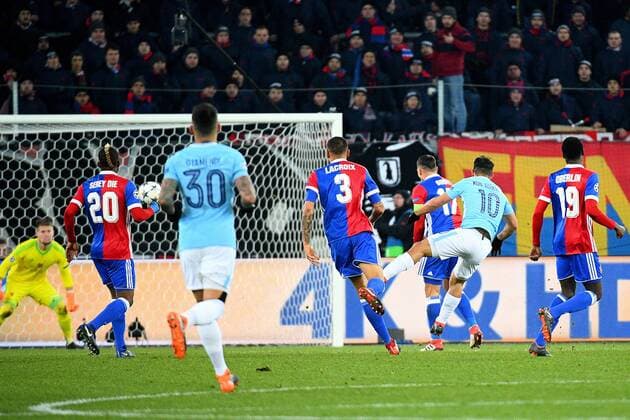 13th February 2018, St Jakob Park, Basel, Switzerland; UEFA Champions League football, round of 16, first leg, FC Basel versus Manchester City; Sergio Aguero of Manchester City scores in the 23rd minute to make it 3-0 to Manchester City  ActionPlus11986634