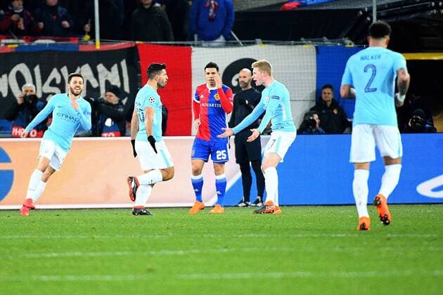 13th February 2018, St Jakob Park, Basel, Switzerland; UEFA Champions League football, round of 16, first leg, FC Basel versus Manchester City; Sergio Aguero of Manchester City celebrates his goal with teammate Kevin de Bruyne after scoring to make it 3-0 in the 23rd minute  ActionPlus11986635