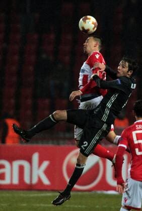 11.02.2018 Belgrade(Serbia) FK Crvena Zvezda(FC Red Star)-FC CSKA Moscow Europa League 1 16 final men s football Milan Rodic(L) FK Crvena Zvezda, Mario Fernandes(r) FC CSKA Moscow : 