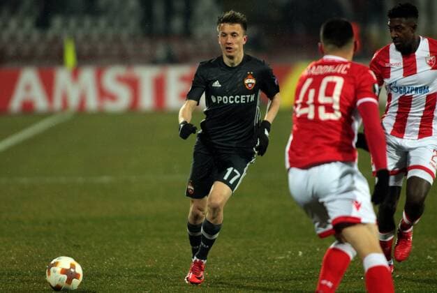 11.02.2018 Belgrade(Serbia) FK Crvena Zvezda(FC Red Star)-FC CSKA Moscow Europa League 1 16 final men s football Mitchell Donald(r) FK Crvena Zvezda, Aleksandr Golovin(c) FC CSKA Moscow : 