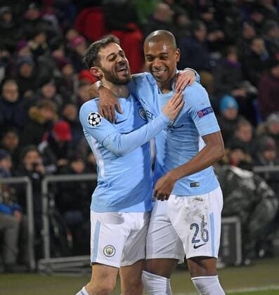 13 02 2018 football UEFA Champions League 2017 2018 knockout FC Basel Manchester City at St James Park Stadium in Basel Switzerland goal celebration Bernardo Silva li Fernandinho Manchester City Manchester City